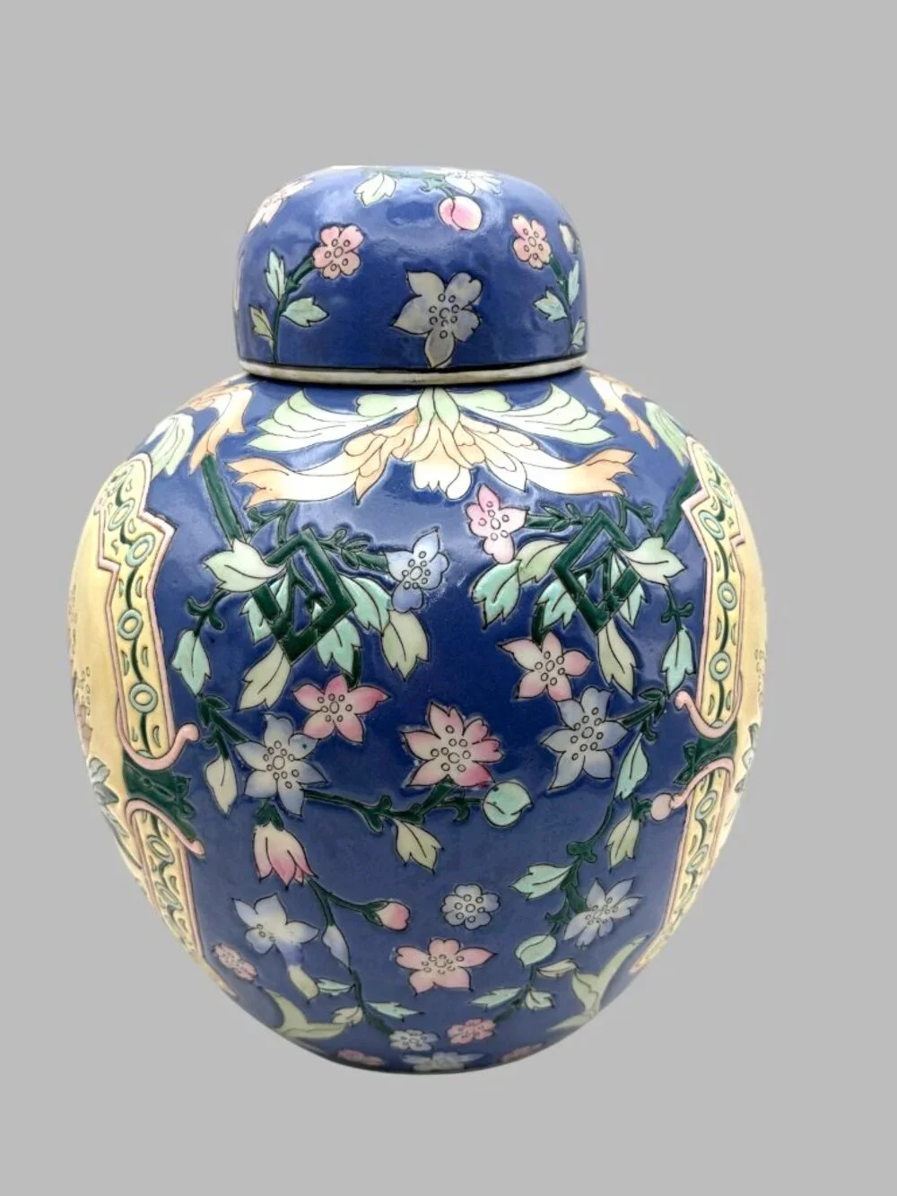 VTG Blue Floral Ginger Jar Urn w/Lid Hand Painted Macau Vase 10